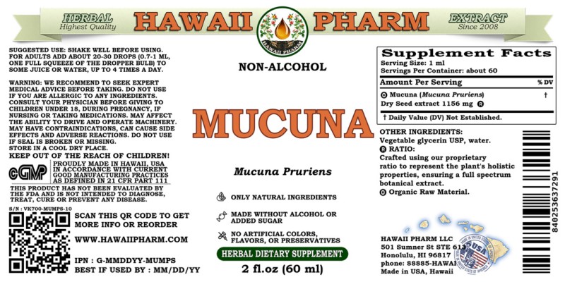label of Mucuna (<i>Mucuna Pruriens</i>) Dry Seed Glycerite