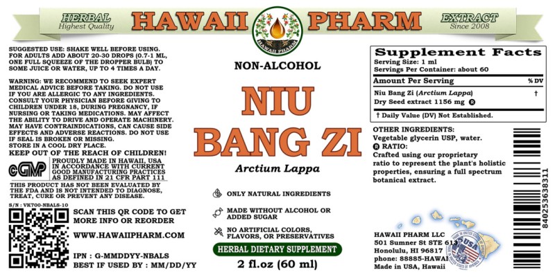 label of Niu Bang Zi (<i>Arctium Lappa</i>) Dry Seed Glycerite