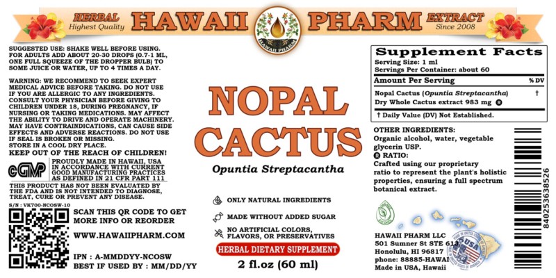 label of Nopal Cactus (<i>Opuntia Streptacantha</i>) Dry Whole Cactus Tincture