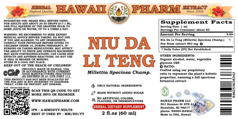 label of Niu Da Li Teng (<i>Millettia Speciosa Champ.</i>) Dry Stem Tincture
