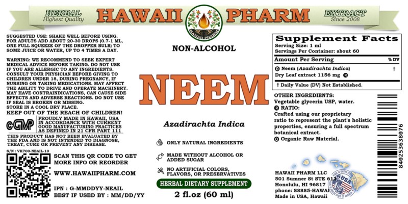 label of Neem (<i>Azadirachta Indica</i>) Dry Leaf Glycerite