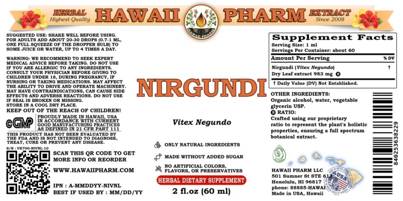label of Nirgundi (<i>Vitex Negundo</i>) Dry Leaf Tincture