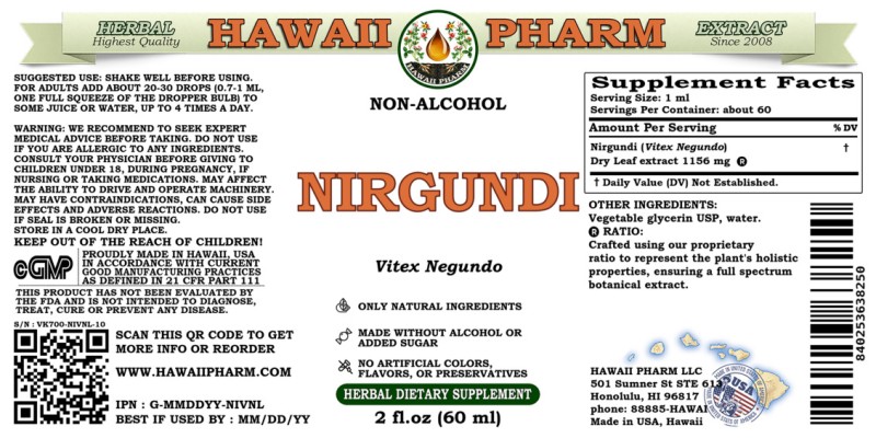 label of Nirgundi (<i>Vitex Negundo</i>) Dry Leaf Glycerite