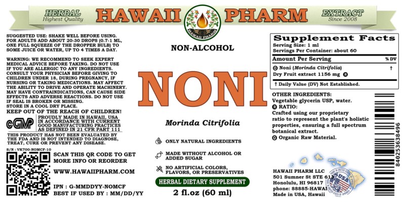 label of Noni (<i>Morinda Citrifolia</i>) Dry Fruit Glycerite