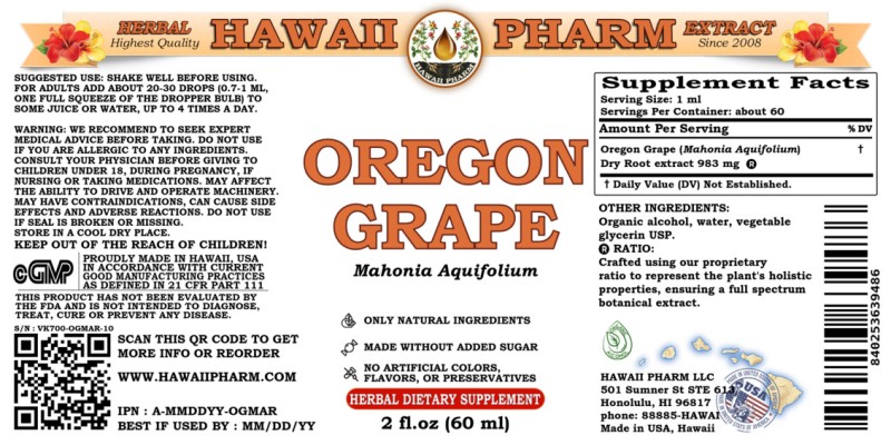 label of Oregon Grape (<i>Mahonia Aquifolium</i>) Dry Root Tincture