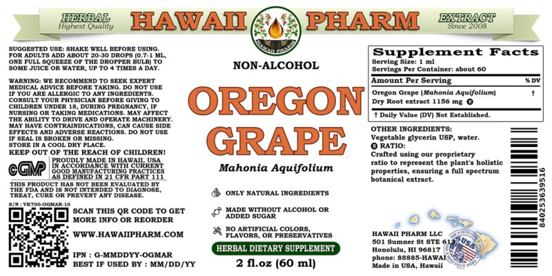 label of Oregon Grape (<i>Mahonia Aquifolium</i>) Dry Root Glycerite