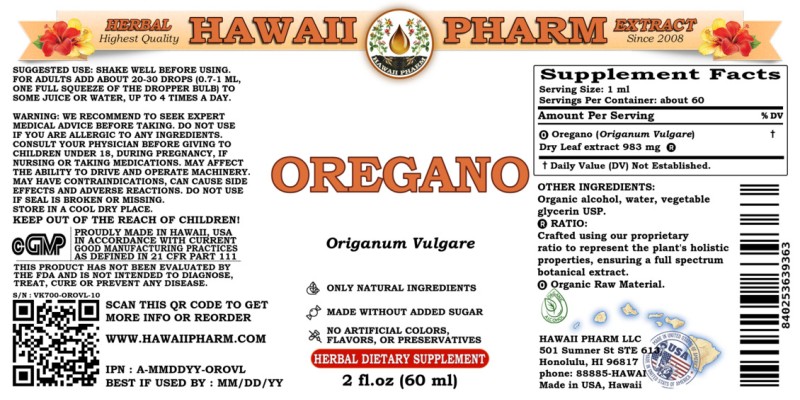 label of Oregano (<i>Origanum Vulgare</i>) Dry Leaf Tincture