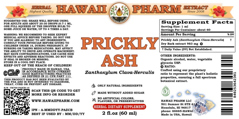 label of Prickly Ash (<i>Zanthoxylum Clava-Herculis</i>) Dry Bark Tincture