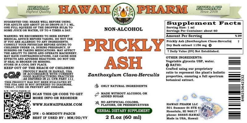 label of Prickly Ash (<i>Zanthoxylum Clava-Herculis</i>) Dry Bark Glycerite