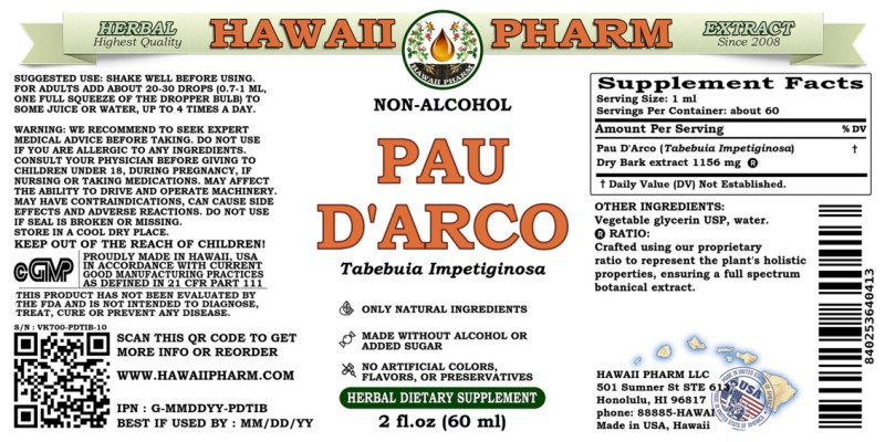 label of Pau D'Arco (<i>Tabebuia Impetiginosa</i>) Dry Bark Glycerite