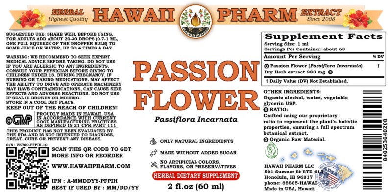 label of Passion Flower (<i>Passiflora Incarnata</i>) Dry Herb Tincture