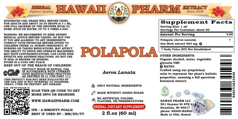 label of Polapola (<i>Aerva Lanata</i>) Dry Herb Tincture