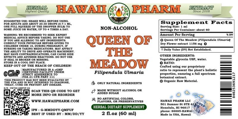 label of Queen Of The Meadow (<i>Filipendula Ulmaria</i>) Dry Flower Glycerite