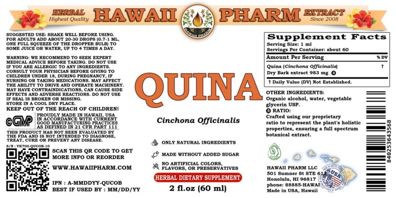 label of Quina (<i>Cinchona Officinalis</i>) Dry Bark Tincture