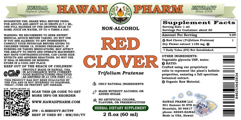label of Red Clover (<i>Trifolium Pratense</i>) Dry Flower Glycerite