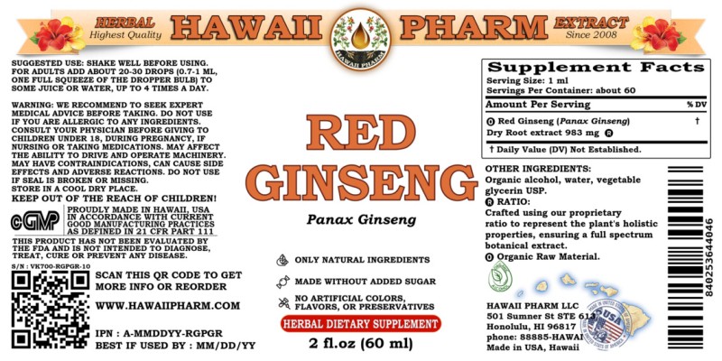 label of Red Ginseng (<i>Panax Ginseng</i>) Dry Root Tincture