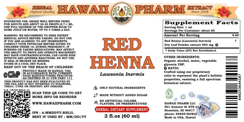 label of Red Henna (<i>Lawsonia Inermis</i>) Dry Leaf Powder Tincture