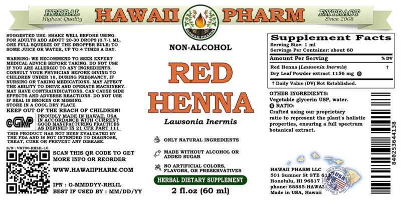 label of Red Henna (<i>Lawsonia Inermis</i>) Dry Leaf Powder Glycerite