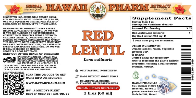 label of Red Lentil (<i>Lens culinaris</i>) Dry Seed Tincture