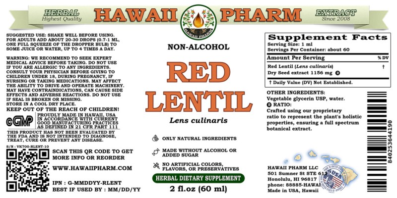 label of Red Lentil (<i>Lens culinaris</i>) Dry Seed Glycerite