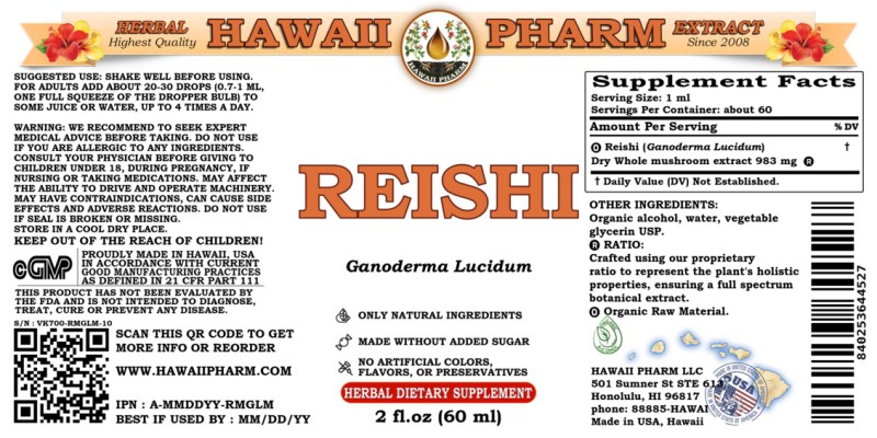 label of Reishi (<i>Ganoderma Lucidum</i>) Dry Whole mushroom Tincture