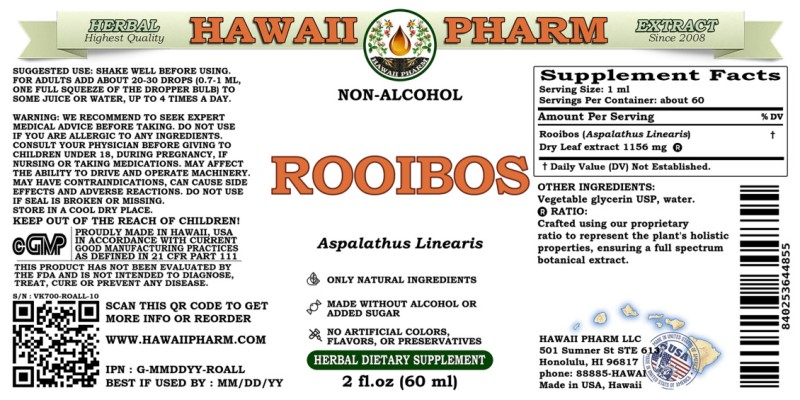 label of Rooibos (<i>Aspalathus Linearis</i>) Dry Leaf Glycerite