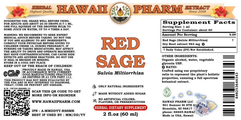 label of Red Sage (<i>Salvia Miltiorrhiza</i>) Dry Root Tincture