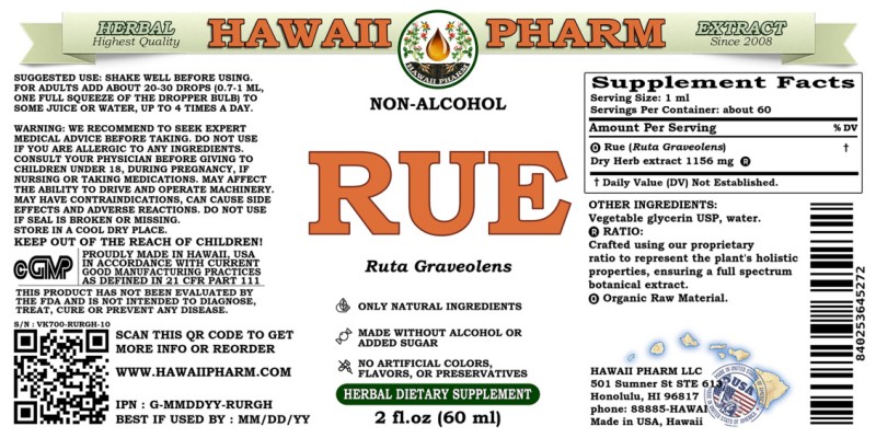 label of Rue (<i>Ruta Graveolens</i>) Dry Herb Glycerite