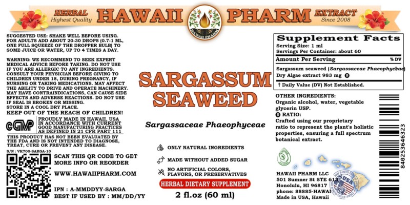 label of Sargassum seaweed (<i>Sargassaceae Phaeophyceae</i>) Dry Algae Tincture