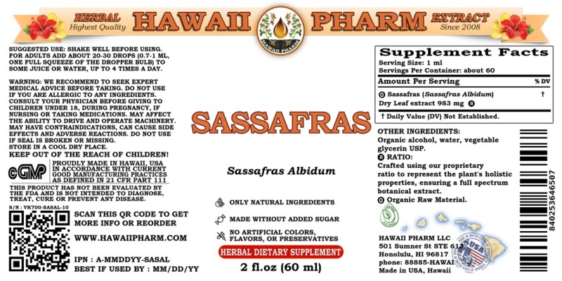 label of Sassafras (<i>Sassafras Albidum</i>) Dry Leaf Tincture