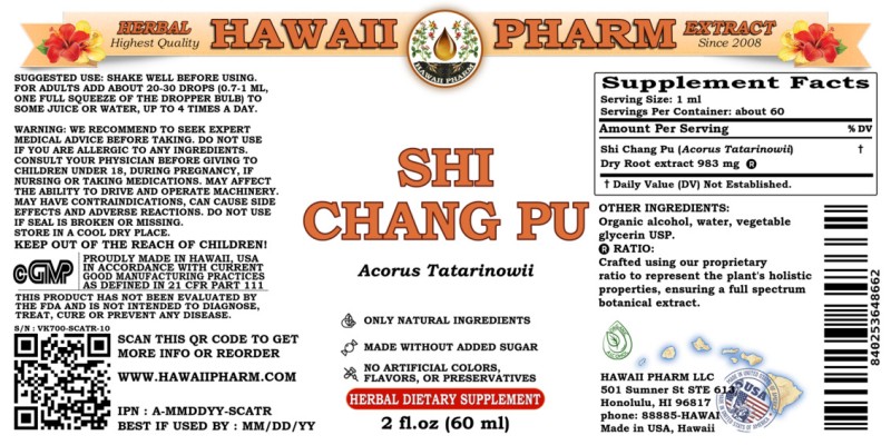 label of Shi Chang Pu (<i>Acorus Tatarinowii</i>) Dry Root Tincture
