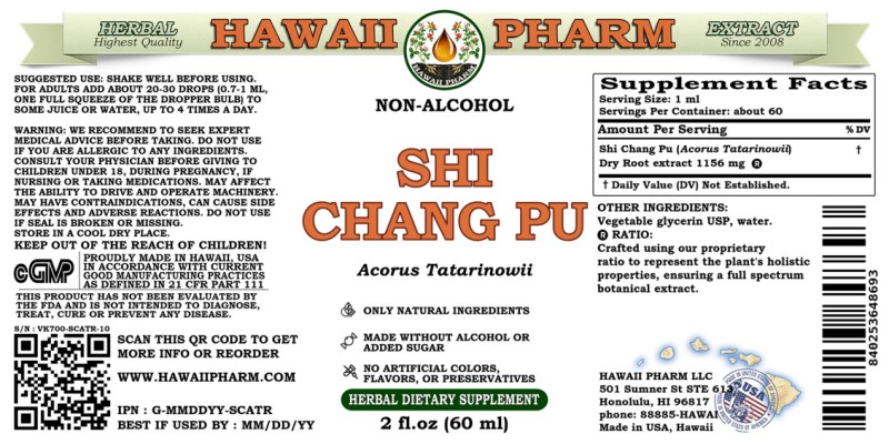 label of Shi Chang Pu (<i>Acorus Tatarinowii</i>) Dry Root Glycerite