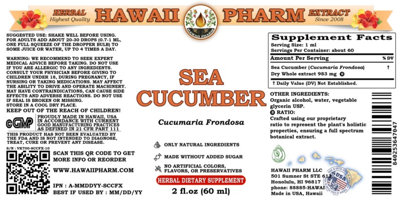 label of Sea Cucumber (<i>Cucumaria Frondosa</i>) Dry Whole Tincture