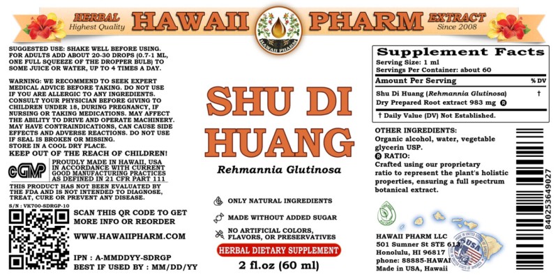 label of Shu Di Huang (<i>Rehmannia Glutinosa</i>) Dry Prepared Root Tincture