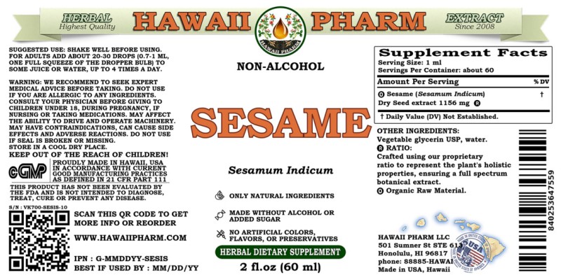 label of Sesame (<i>Sesamum Indicum</i>) Dry Seed Glycerite