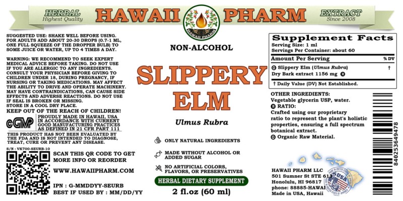 label of Slippery Elm (<i>Ulmus Rubra</i>) Dry Bark Glycerite