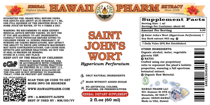 label of Saint John's Wort (<i>Hypericum Perforatum</i>) Dry Herb Tincture