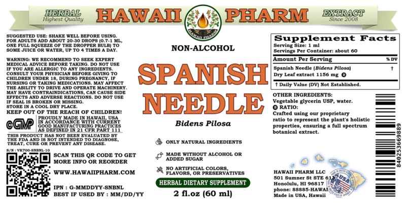 label of Spanish Needle (<i>Bidens Pilosa</i>) Dry Leaf Glycerite