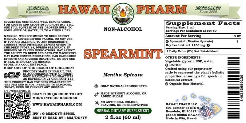label of Spearmint (<i>Mentha Spicata</i>) Dry Leaf Glycerite