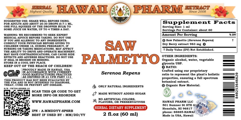 label of Saw Palmetto (<i>Serenoa Repens</i>) Dry Berry Tincture