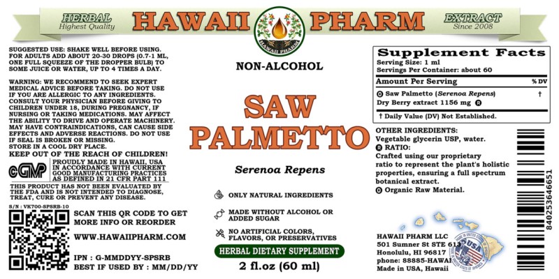 label of Saw Palmetto (<i>Serenoa Repens</i>) Dry Berry Glycerite