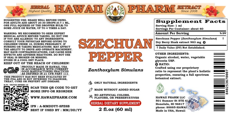 label of Szechuan Pepper (<i>Zanthoxylum Simulans</i>) Dry Berry Husk Tincture