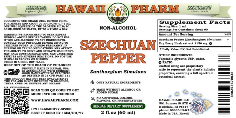 label of Szechuan Pepper (<i>Zanthoxylum Simulans</i>) Dry Berry Husk Glycerite