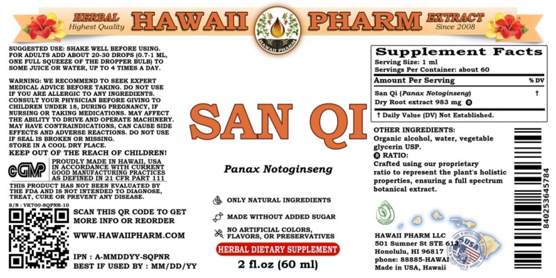 label of San Qi (<i>Panax Notoginseng</i>) Dry Root Tincture