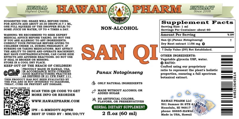 label of San Qi (<i>Panax Notoginseng</i>) Dry Root Glycerite