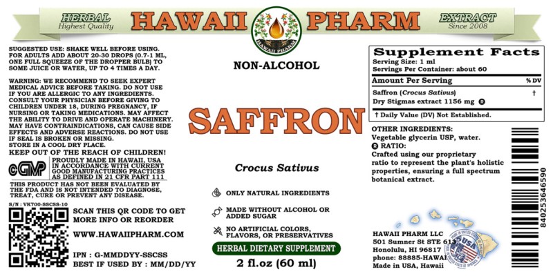 label of Saffron (<i>Crocus Sativus</i>) Dry Stigmas Glycerite