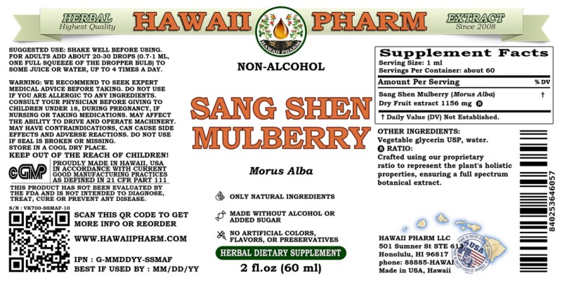 label of Sang Shen Mulberry (<i>Morus Alba</i>) Dry Fruit Glycerite