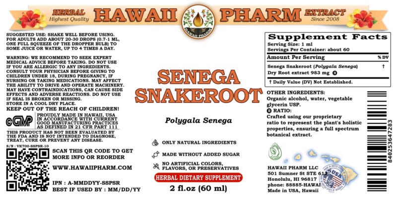 label of Senega Snakeroot (<i>Polygala Senega</i>) Dry Root Tincture