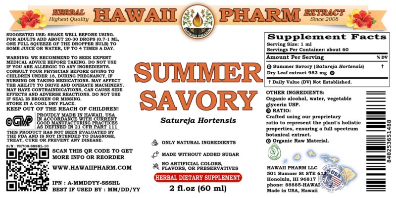 label of Summer Savory (<i>Satureja Hortensis</i>) Dry Leaf Tincture