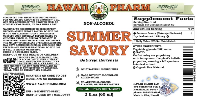 label of Summer Savory (<i>Satureja Hortensis</i>) Dry Leaf Glycerite